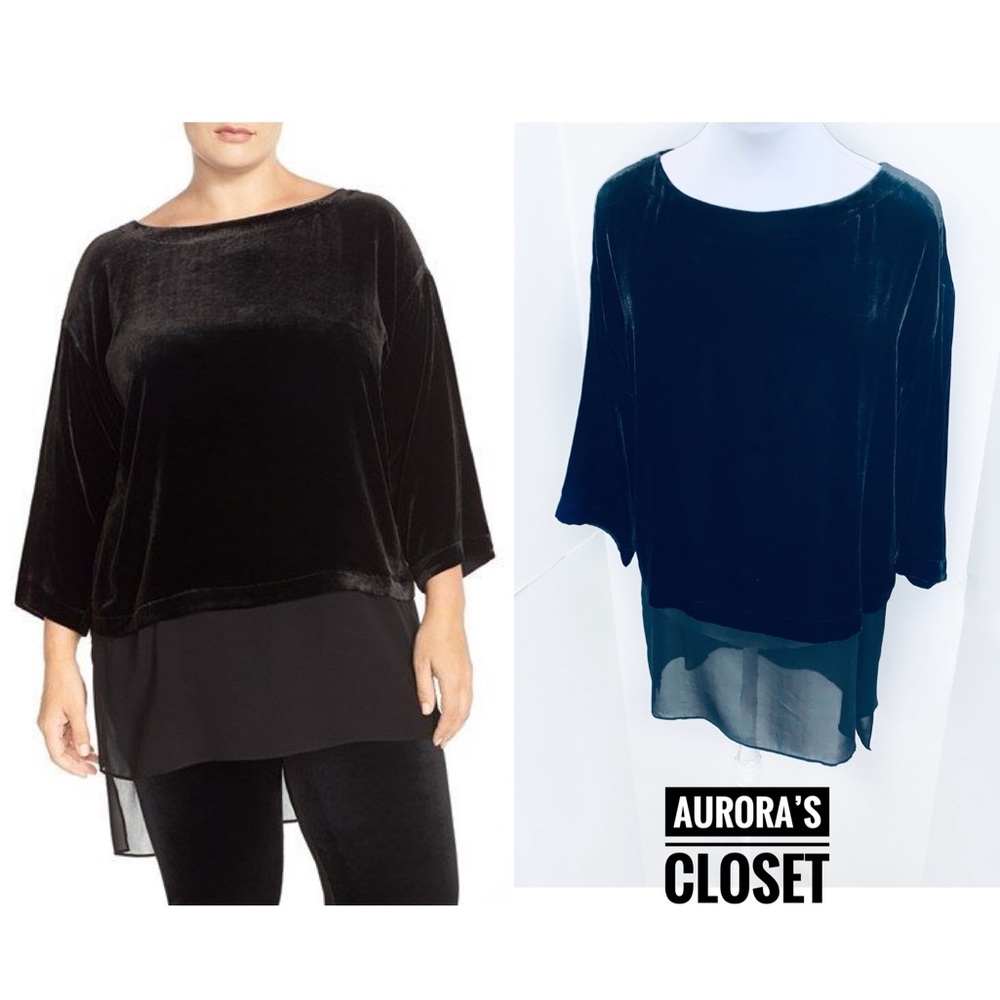 Eileen Fisher XXS Black Velvet Bateau Tunic Chiffon Modesty Oversized